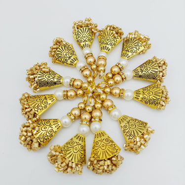 Gold Engraved Flatback Charm Latkan With Beaded Tassels And Pearl Embellishments, Indian Latkans, Gold Beaded Danglers